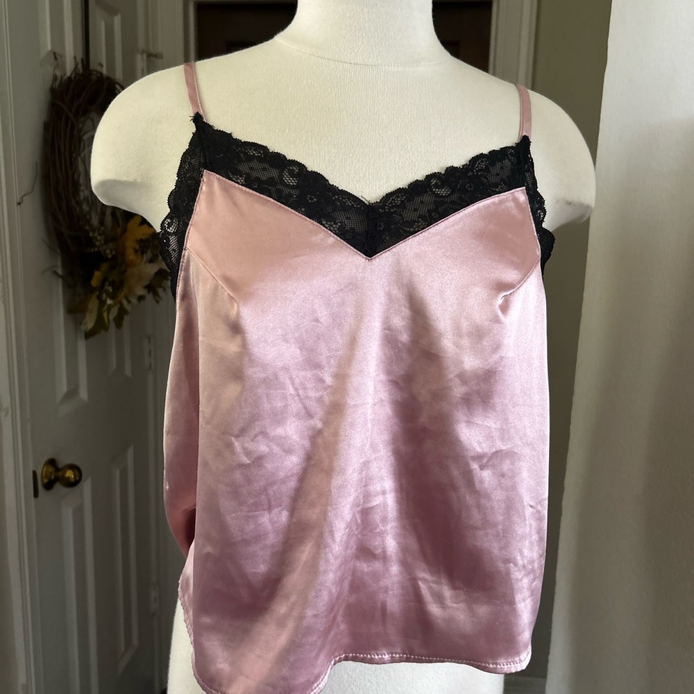 Pink Satin Camisole with Black Lace Trim